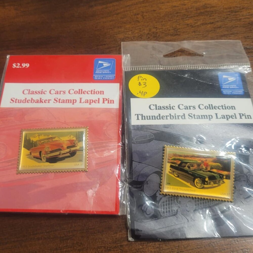 New LAPEL PINS-USPS CLASSIC CAR STAMP COLLECTION- Studebaker and Thunderbird